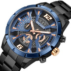 MEGIR 2221 men's chronograph watch, blue bezel with rose-gold accents, dark skeleton dial and black bracelet, angled view