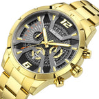 MEGIR 2221 men's chronograph watch, gold-tone case with gray-black skeleton dial and gold bracelet, angled view