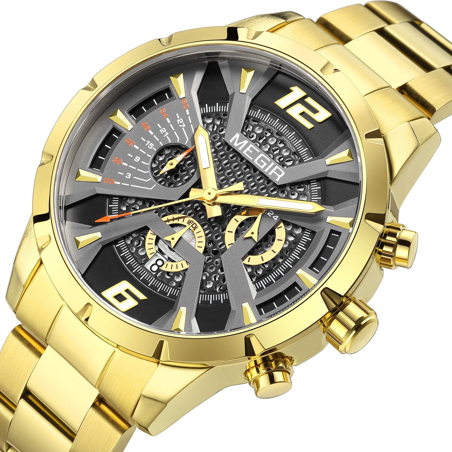 MEGIR 2221 men's chronograph watch, gold-tone case with gray-black skeleton dial and gold bracelet, angled view