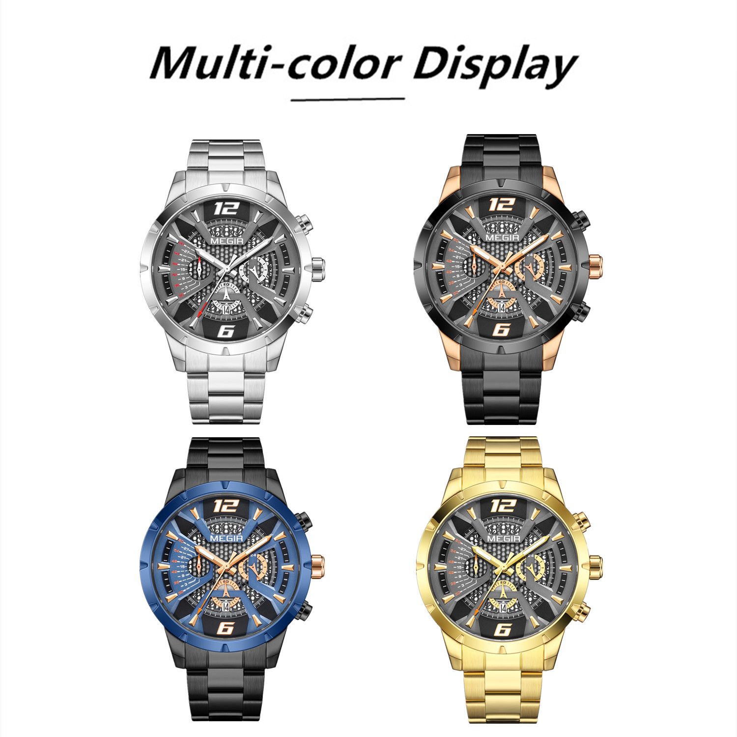 MEGIR 2221 men's chronograph watch color display showing silver, rose-gold-black, blue and gold dials