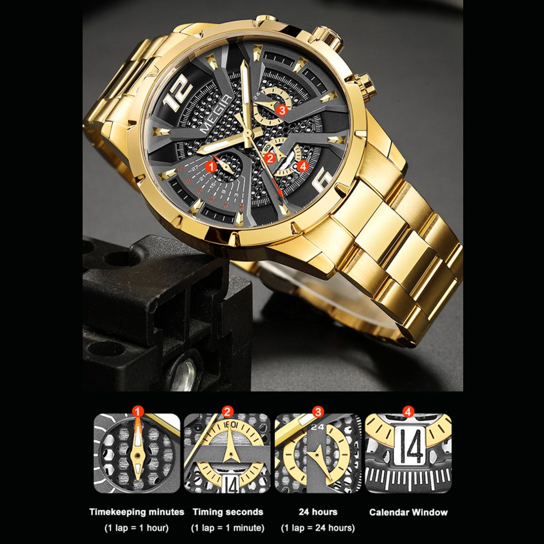 MEGIR 2221 men's chronograph watch feature graphic explaining the sub-dials, calendar window and timing