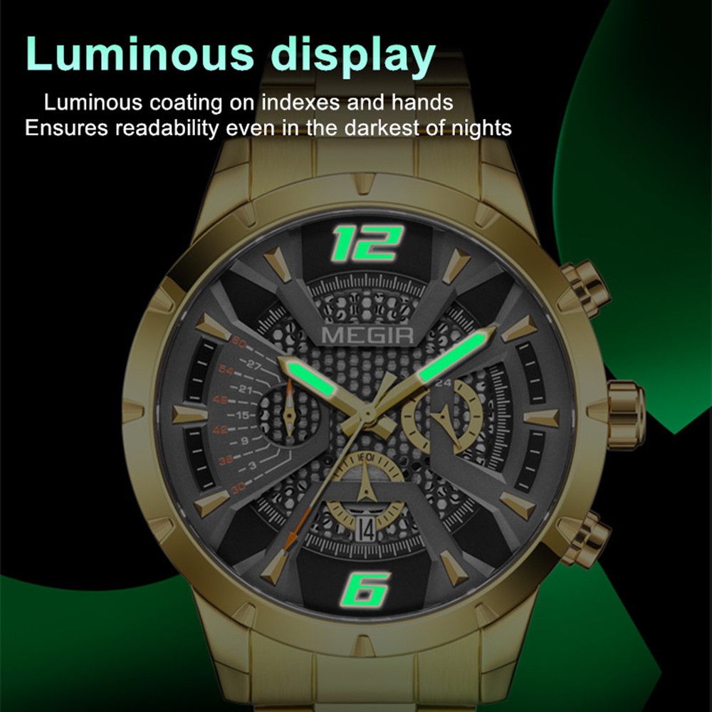MEGIR 2221 men's chronograph watch feature graphic showing luminous numerals and hands glowing in the dark