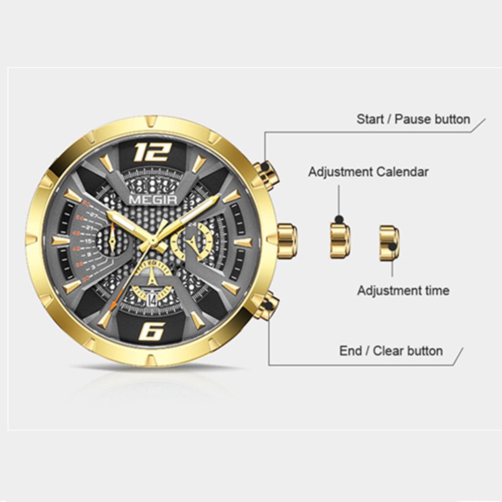MEGIR 2221 men's chronograph watch operation graphic showing the start, calendar and reset buttons