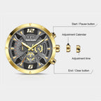 MEGIR 2221 men's chronograph watch operation graphic showing the start, calendar and reset buttons