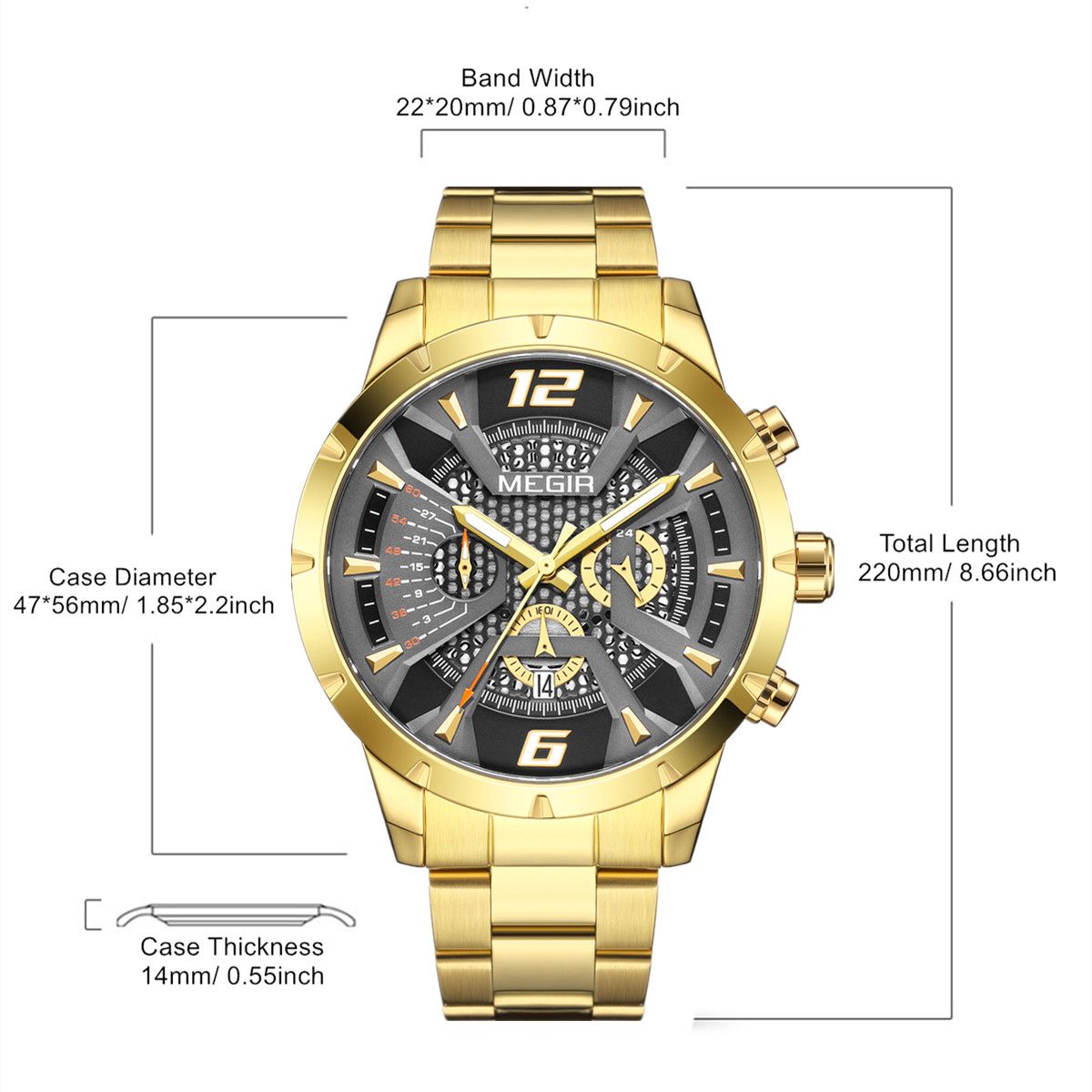 MEGIR 2221 men's chronograph watch parameters graphic with case diameter, band width and total length