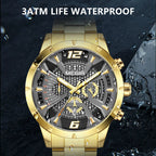 MEGIR 2221 men's chronograph watch water-resistance graphic, gold-tone case with gray-black skeleton dial