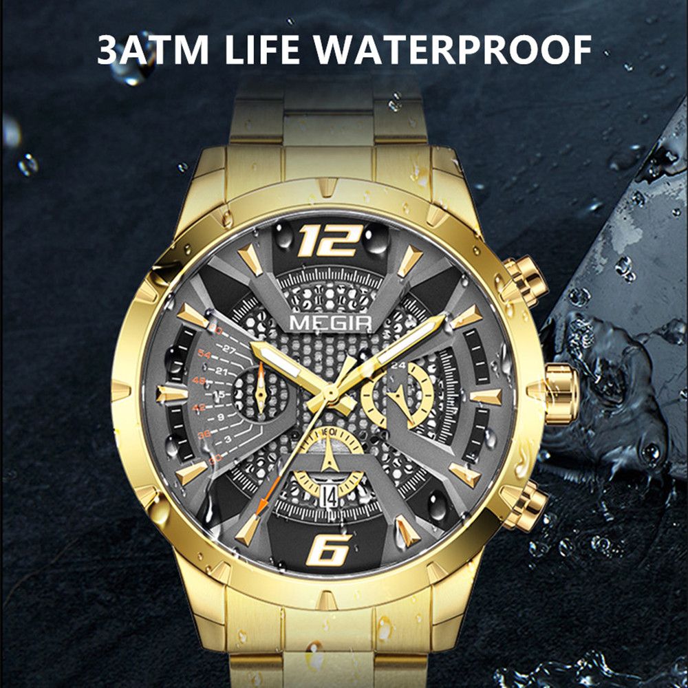 MEGIR 2221 men's chronograph watch water-resistance graphic, gold-tone case with gray-black skeleton dial