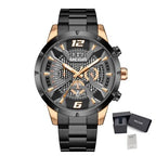 MEGIR 2221 men's chronograph watch, black case with rose-gold accents, skeleton dial and black bracelet, with gift box