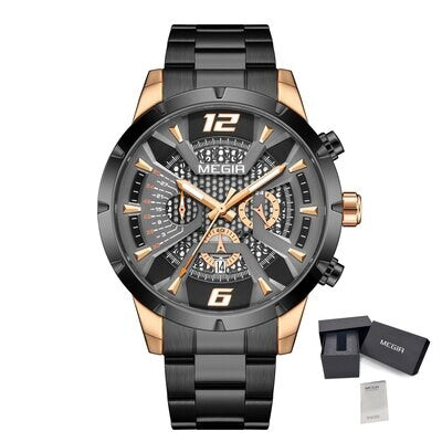 MEGIR 2221 men's chronograph watch, black case with rose-gold accents, skeleton dial and black bracelet, with gift box