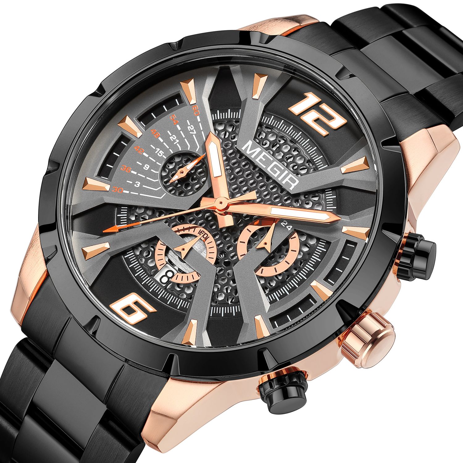 MEGIR 2221 men's chronograph watch, black case with rose-gold accents, skeleton dial and black bracelet, angled view