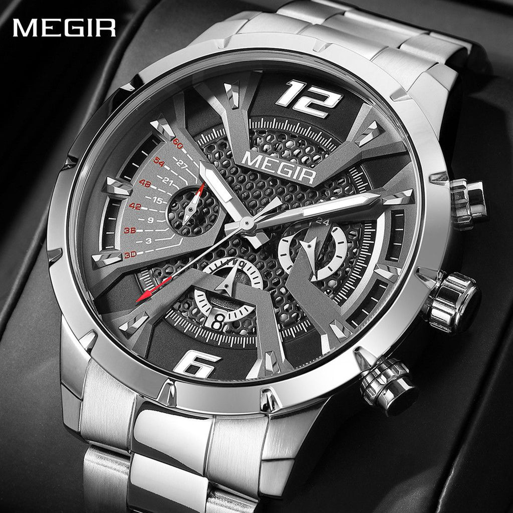 MEGIR 2221 men's chronograph watch, silver case with gray-black skeleton dial and steel bracelet, front view