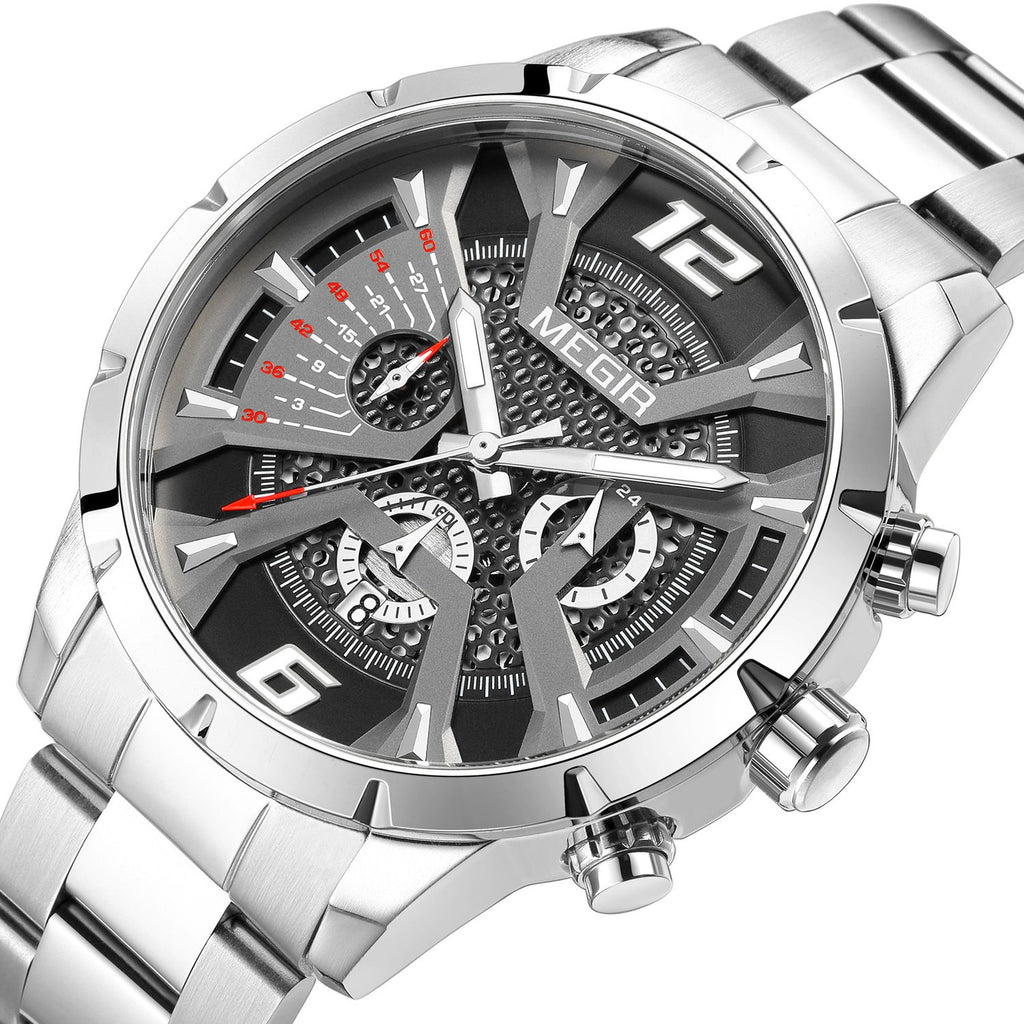 MEGIR 2221 men's chronograph watch, silver case with gray-black skeleton dial and steel bracelet, angled view
