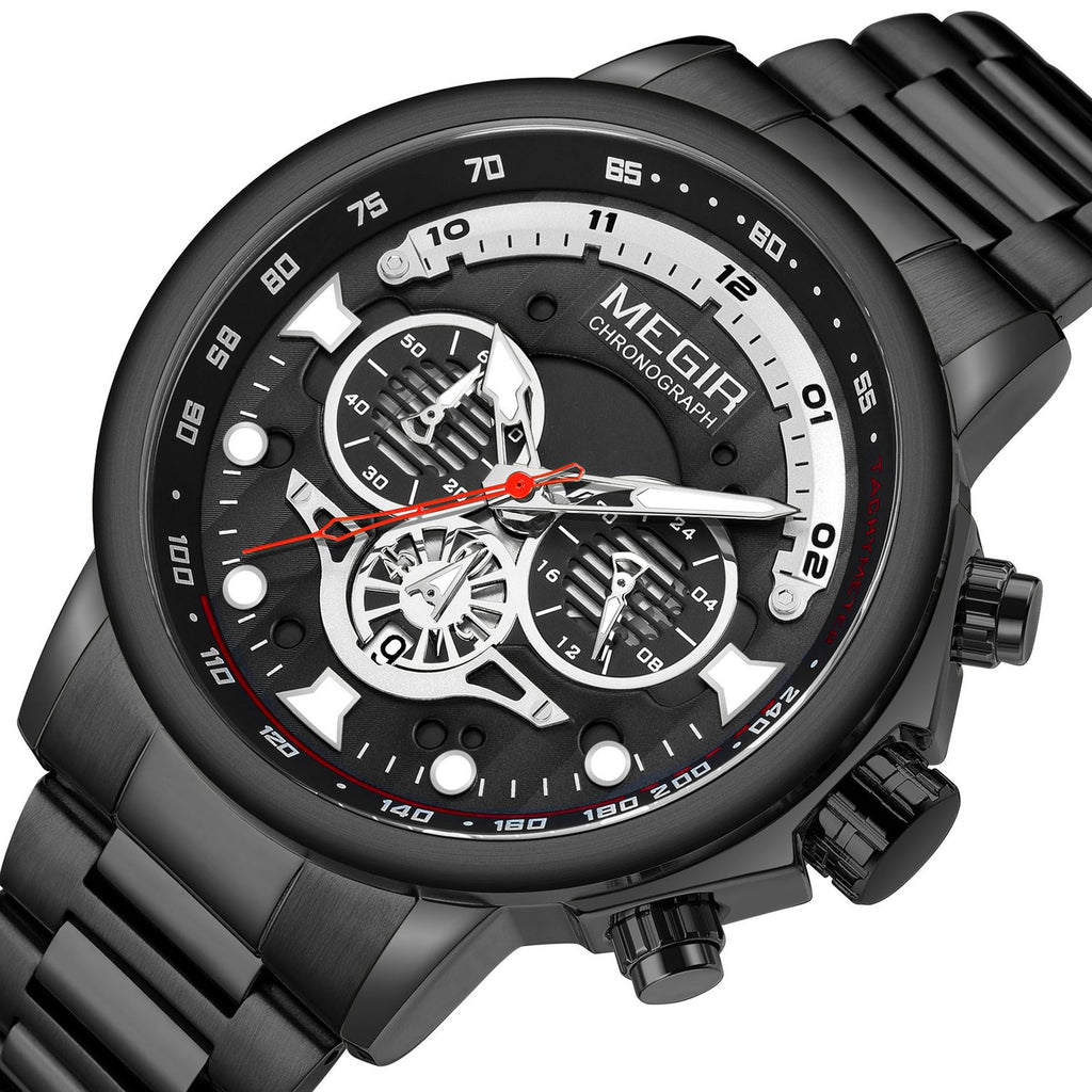 MEGIR 2223 men's chronograph watch, black case with black dial and black bracelet, studio view