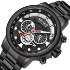 MEGIR 2223 men's chronograph watch, black case with black dial and black bracelet, studio view