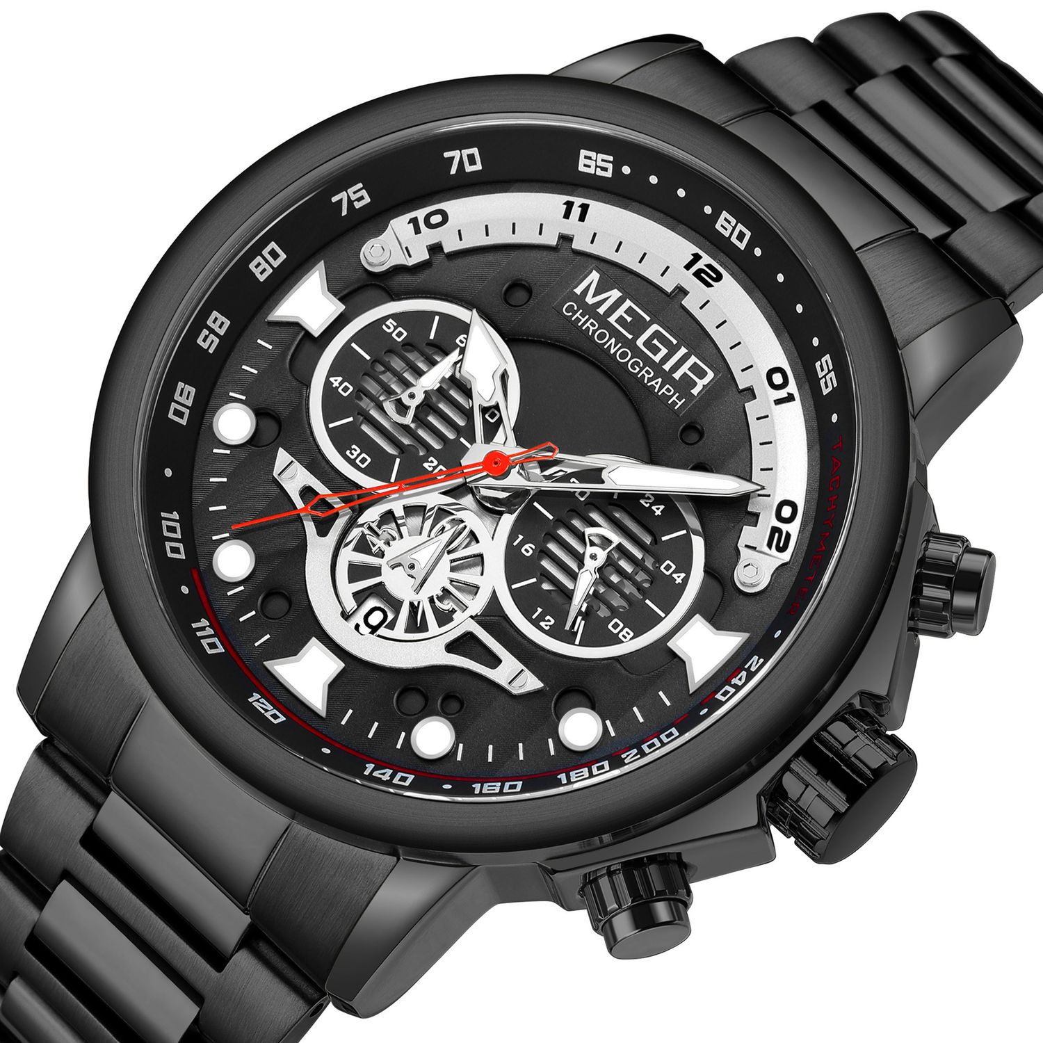 MEGIR 2223 men's chronograph watch, black case with black dial and black bracelet, studio view