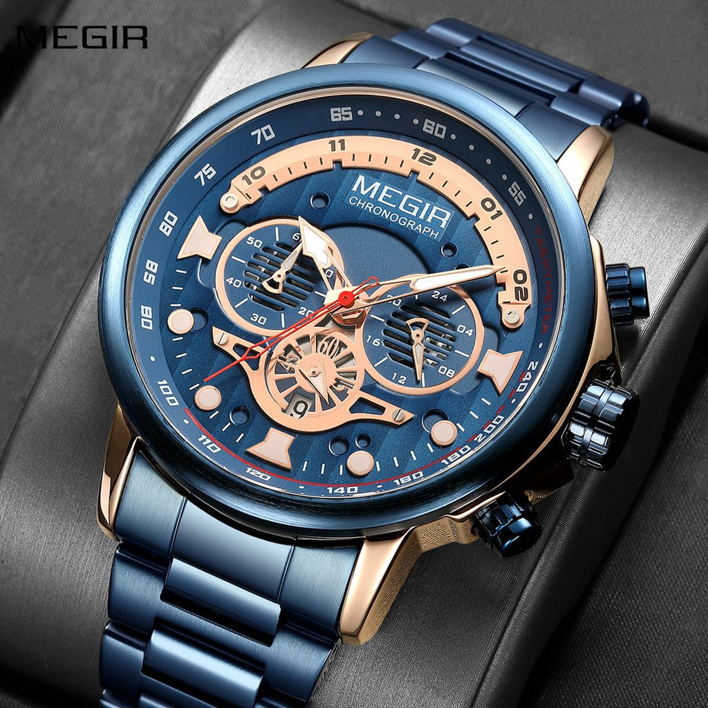 MEGIR 2223 men's chronograph watch, blue case with rose-gold accents, blue dial and blue bracelet, front view