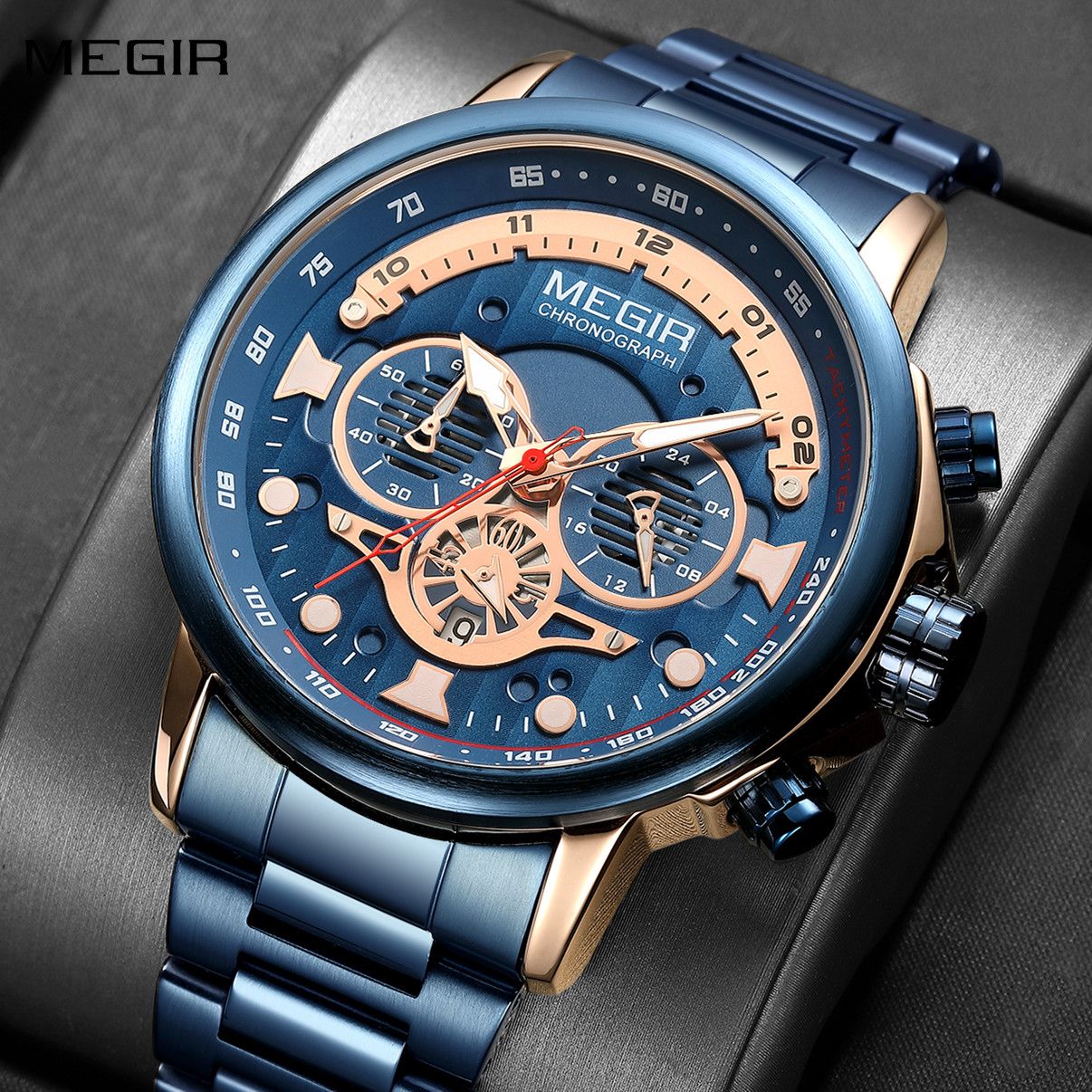 MEGIR 2223 men's chronograph watch, blue case with rose-gold accents, blue dial and blue bracelet, front view