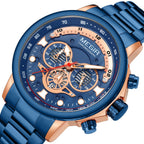 MEGIR 2223 men's chronograph watch, blue case with rose-gold accents, blue dial and blue bracelet, three-quarter view