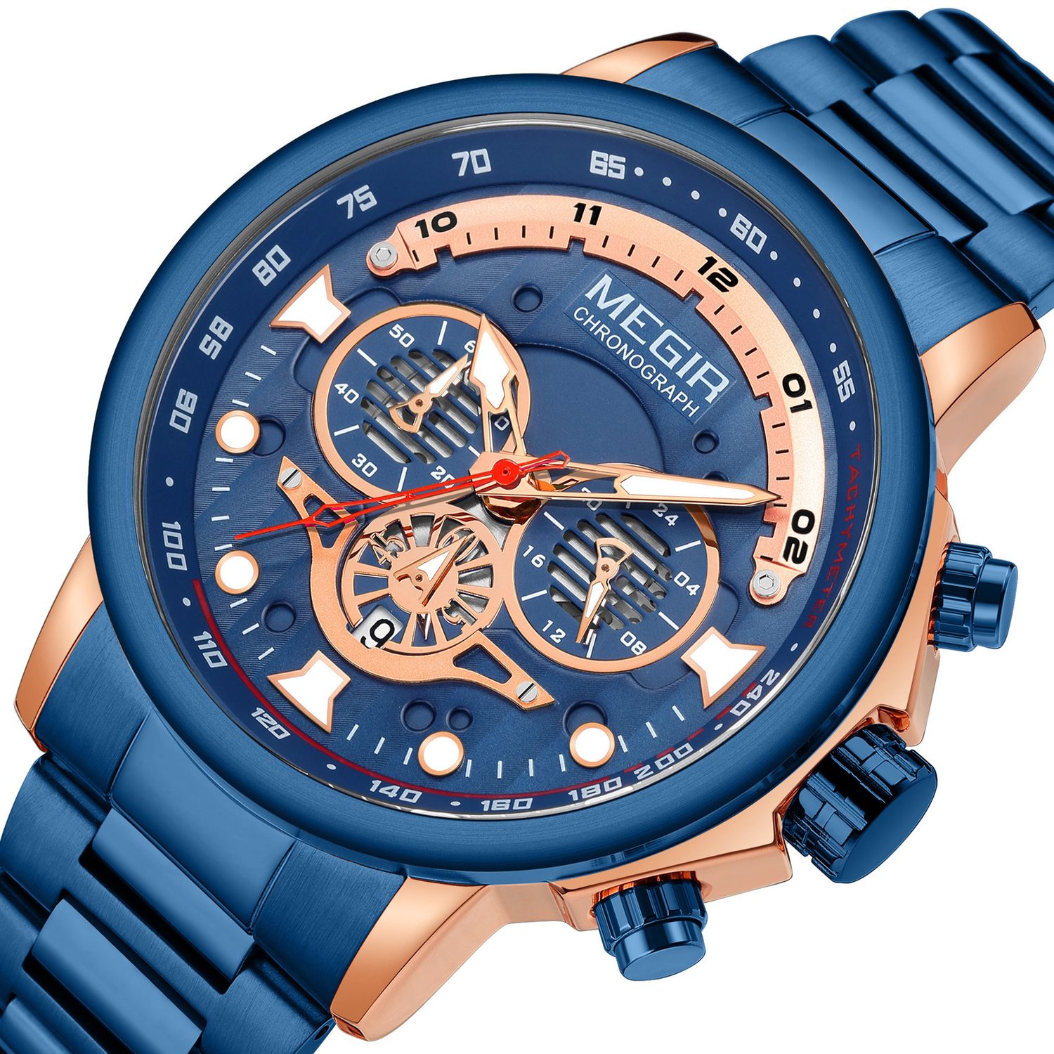 MEGIR 2223 men's chronograph watch, blue case with rose-gold accents, blue dial and blue bracelet, three-quarter view