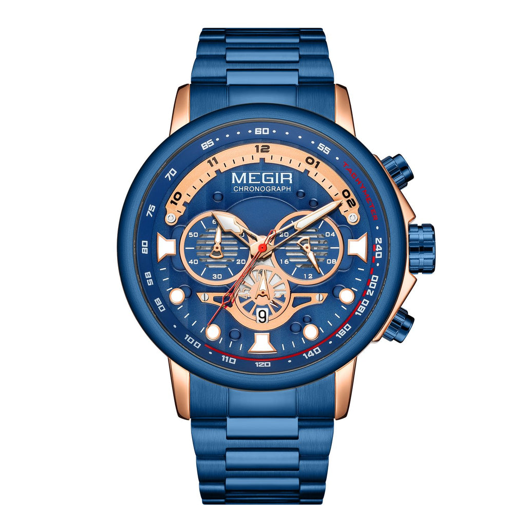MEGIR 2223 men's chronograph watch, blue case with rose-gold accents, blue dial and blue bracelet, studio view