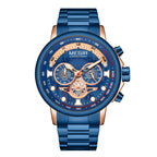 MEGIR 2223 men's chronograph watch, blue case with rose-gold accents, blue dial and blue bracelet, studio view