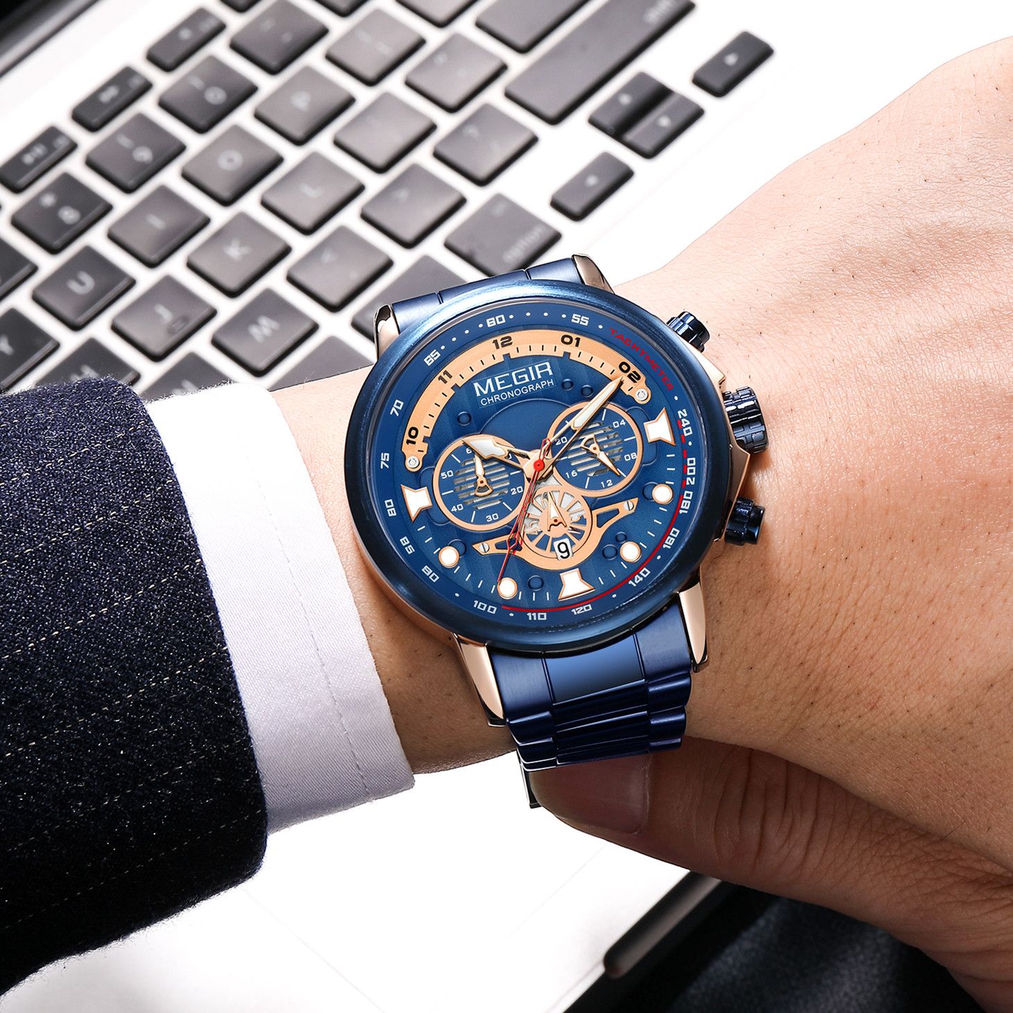 MEGIR 2223 men's chronograph watch on the wrist, blue case with rose-gold accents, blue dial and blue bracelet