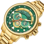 MEGIR 2223 men's chronograph watch, gold-tone case with green dial and gold bracelet, studio view