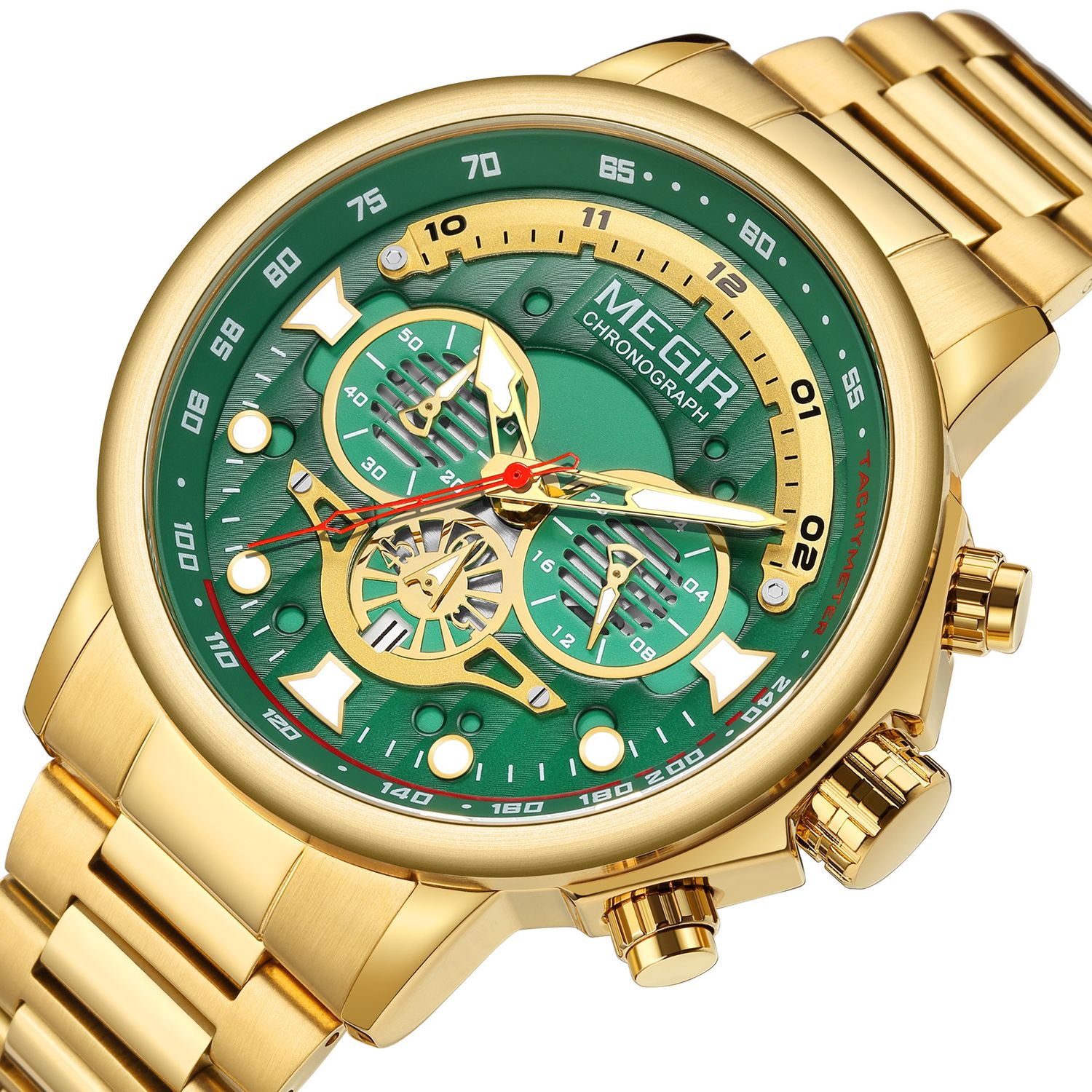 MEGIR 2223 men's chronograph watch, gold-tone case with green dial and gold bracelet, studio view
