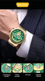 MEGIR 2223 men's chronograph watch on the wrist with callouts for the timing sub-dials and calendar window