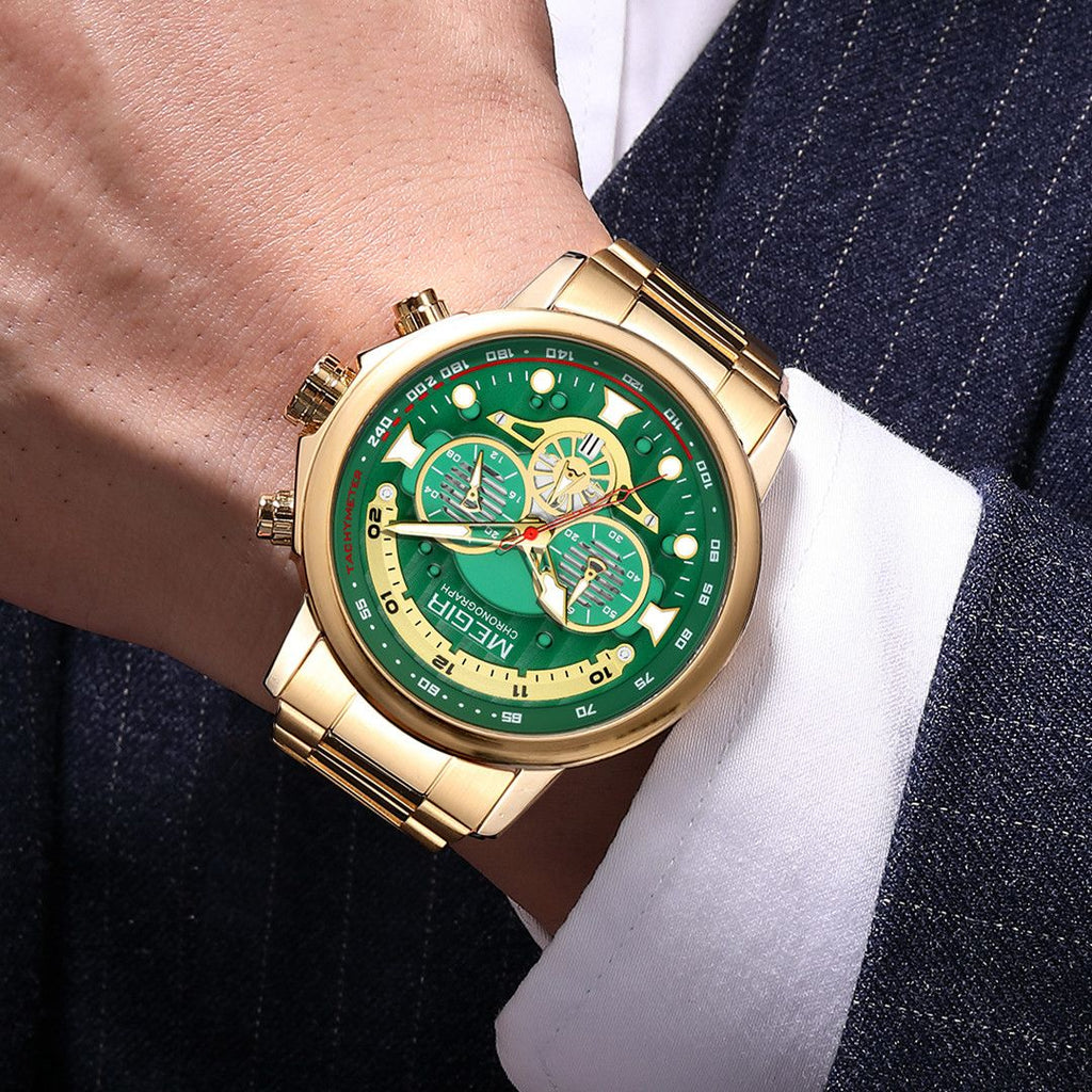 MEGIR 2223 men's chronograph watch on the wrist, gold-tone case with green dial and gold bracelet