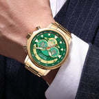 MEGIR 2223 men's chronograph watch on the wrist, gold-tone case with green dial and gold bracelet
