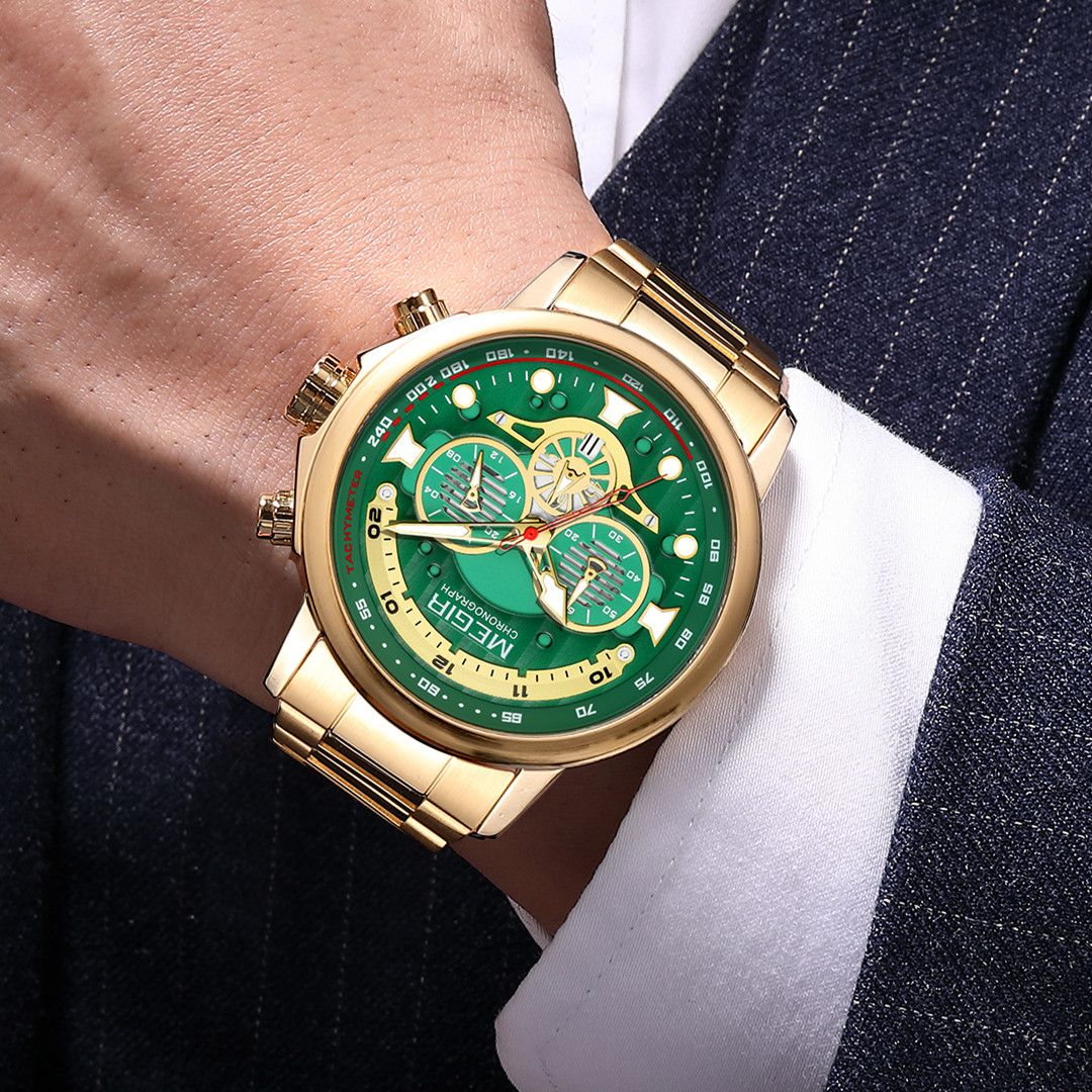 MEGIR 2223 men's chronograph watch on the wrist, gold-tone case with green dial and gold bracelet