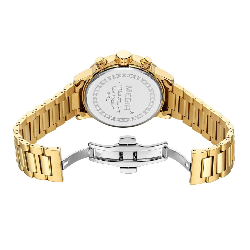 MEGIR 2223 men's chronograph watch caseback with engravings, gold bracelet and folding clasp