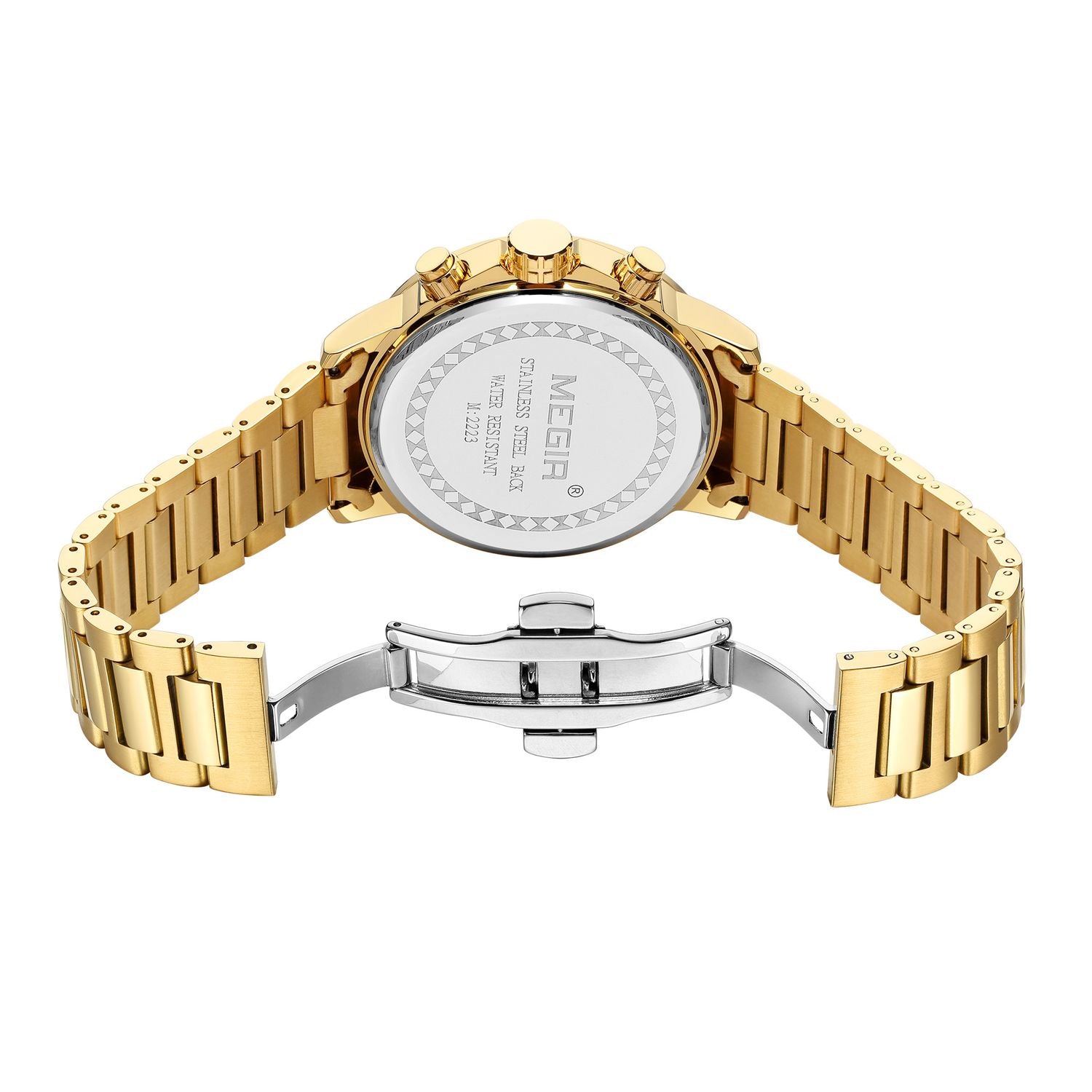 MEGIR 2223 men's chronograph watch caseback with engravings, gold bracelet and folding clasp