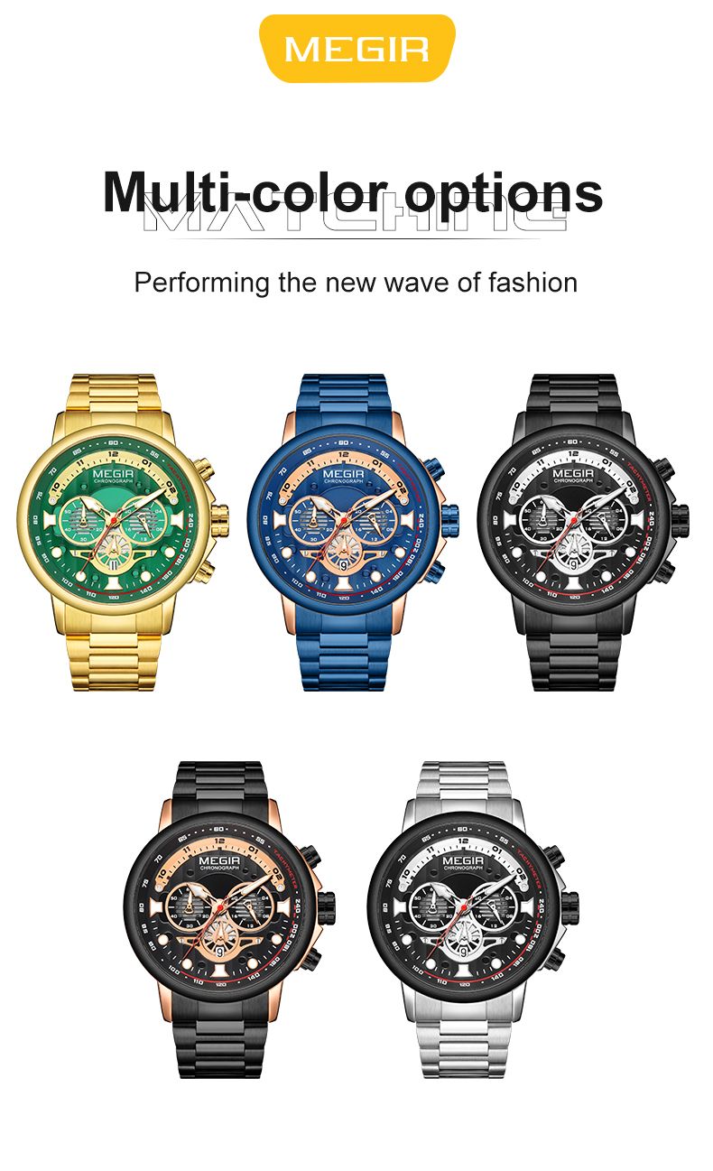 MEGIR 2223 men's chronograph watch color display showing gold-green, blue, black, rose-black and silver dials