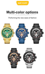 MEGIR 2223 men's chronograph watch color display showing gold-green, blue, black, rose-black and silver dials