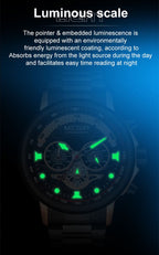 MEGIR 2223 men's chronograph watch feature graphic showing luminous hands and markers glowing in the dark