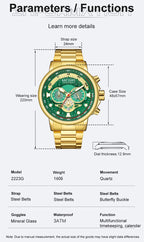 MEGIR 2223 men's chronograph watch parameters graphic with case diameter, thickness and band dimensions