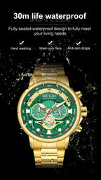 MEGIR 2223 men's chronograph watch water-resistance graphic, gold-tone case with green dial and gold bracelet