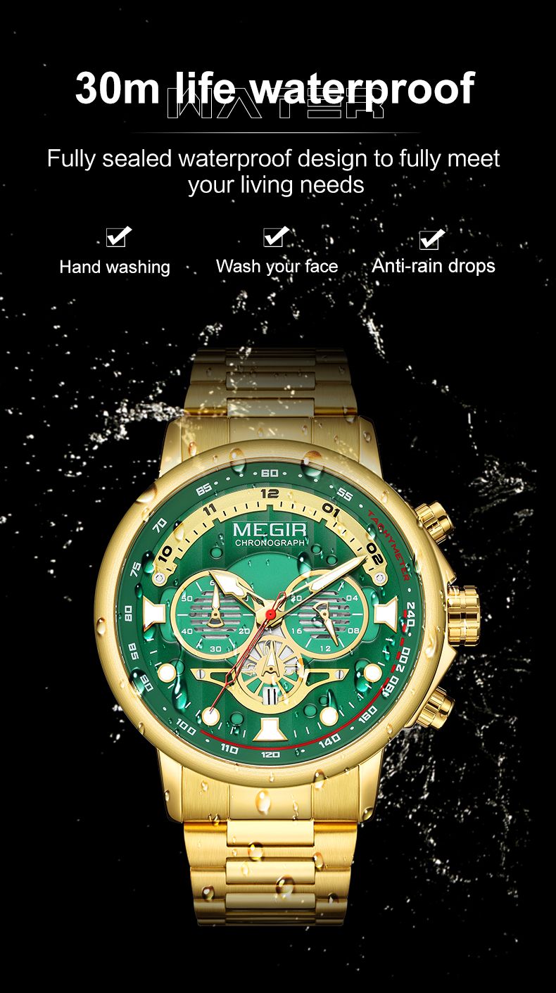 MEGIR 2223 men's chronograph watch water-resistance graphic, gold-tone case with green dial and gold bracelet