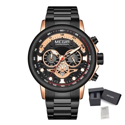 MEGIR 2223 men's chronograph watch, black case with rose-gold accents, black dial and steel bracelet, with gift box