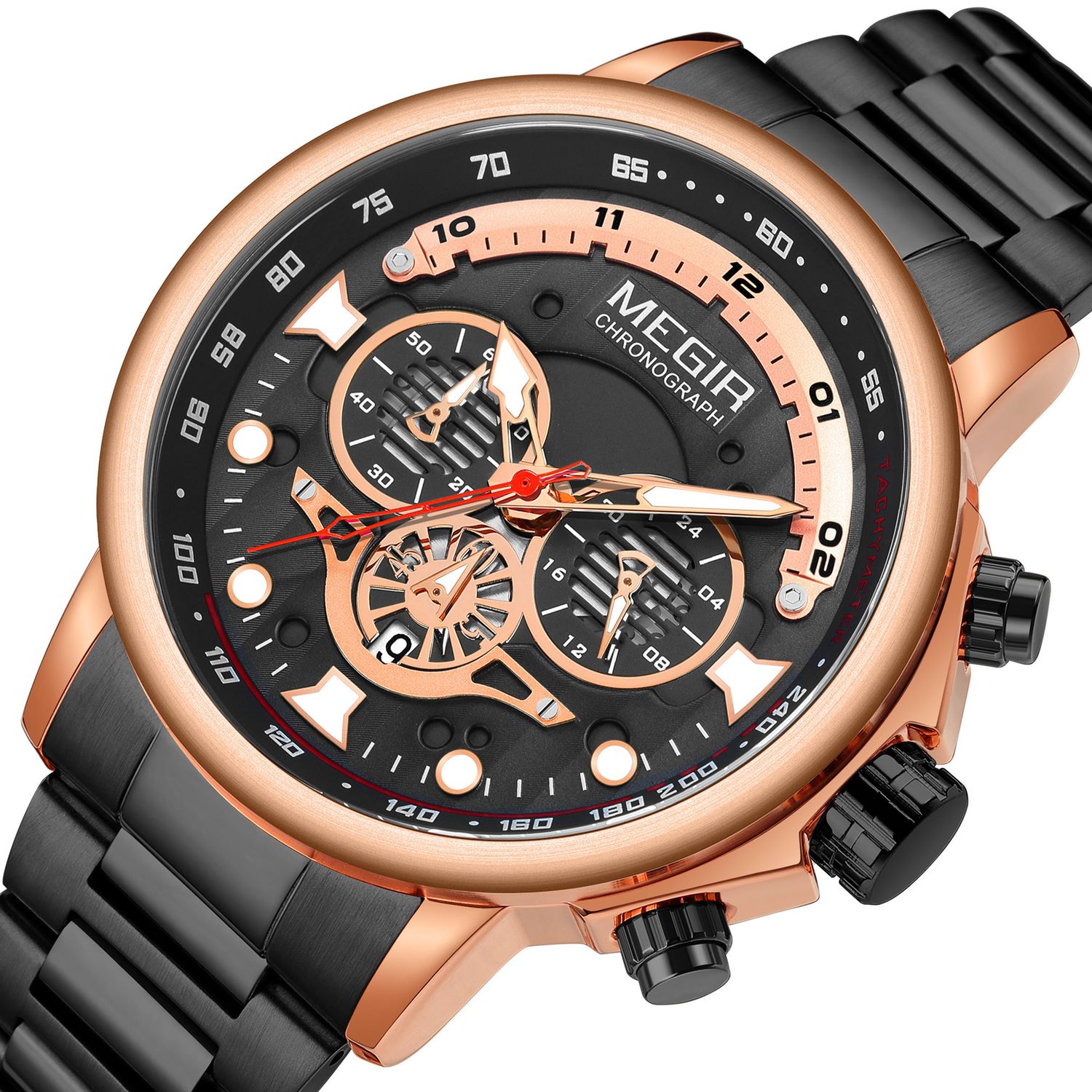 MEGIR 2223 men's chronograph watch, black case with rose-gold accents, black dial and black bracelet, studio view