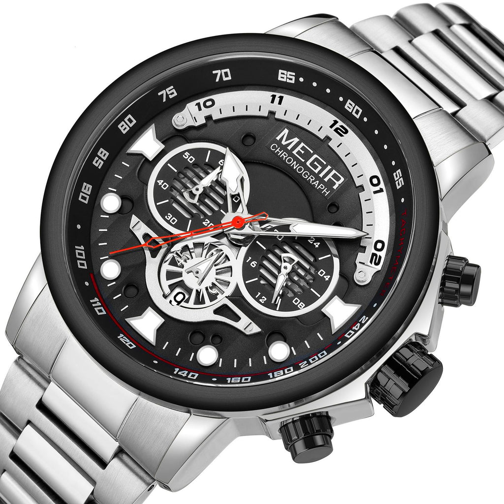 MEGIR 2223 men's chronograph watch, silver case with black dial and steel bracelet, studio view