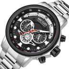 MEGIR 2223 men's chronograph watch, silver case with black dial and steel bracelet, studio view