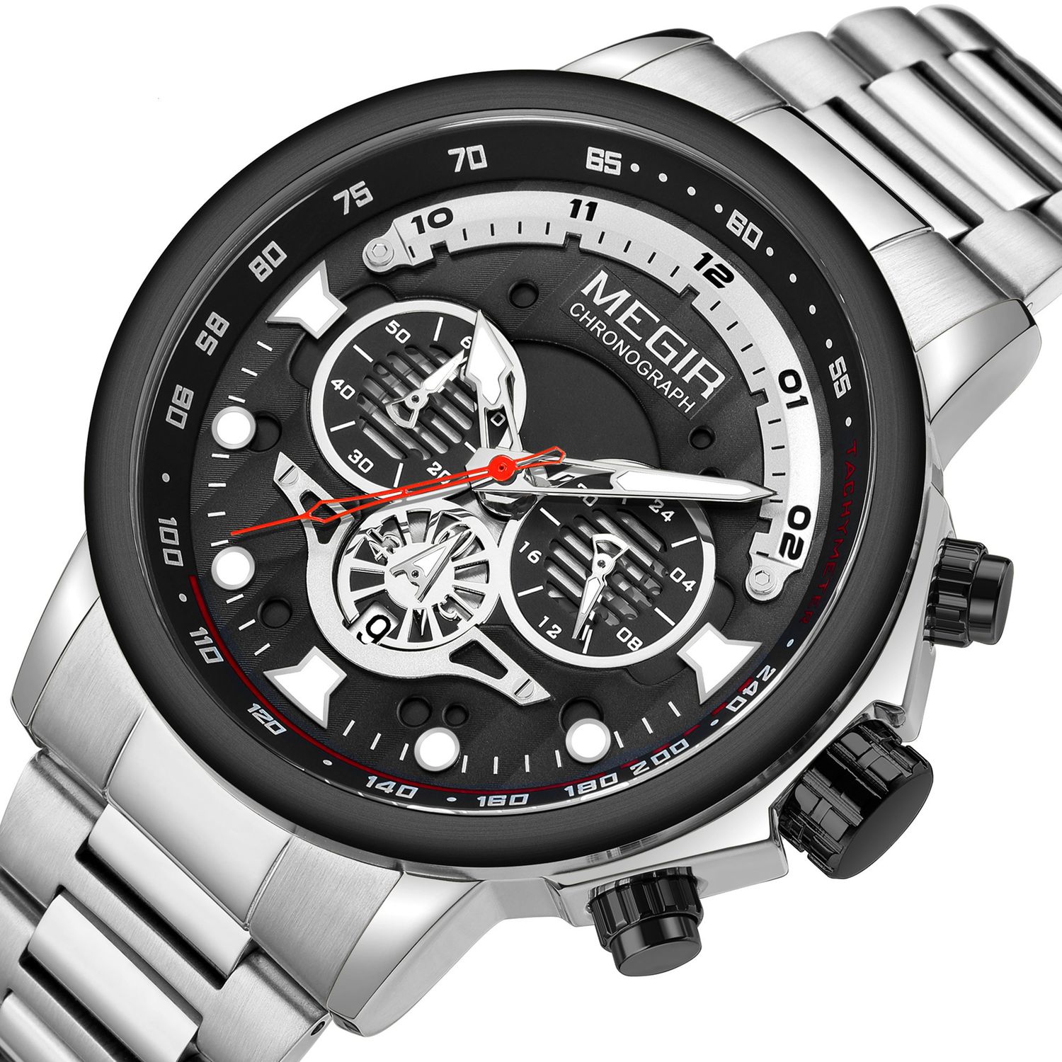 MEGIR 2223 men's chronograph watch, silver case with black dial and steel bracelet, studio view