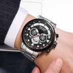 MEGIR 2223 men's chronograph watch on the wrist, silver case with black dial and steel bracelet