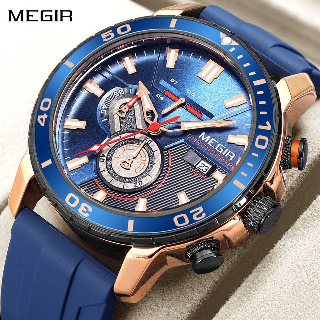 MEGIR 2224 men's chronograph watch, rose-gold case with blue dial, blue bezel and blue silicone strap, front view