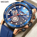 MEGIR 2224 men's chronograph watch, rose-gold case with blue dial, blue bezel and blue silicone strap, front view