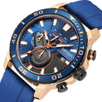 MEGIR 2224 men's chronograph watch, rose-gold case with blue dial, blue bezel and blue silicone strap, studio view