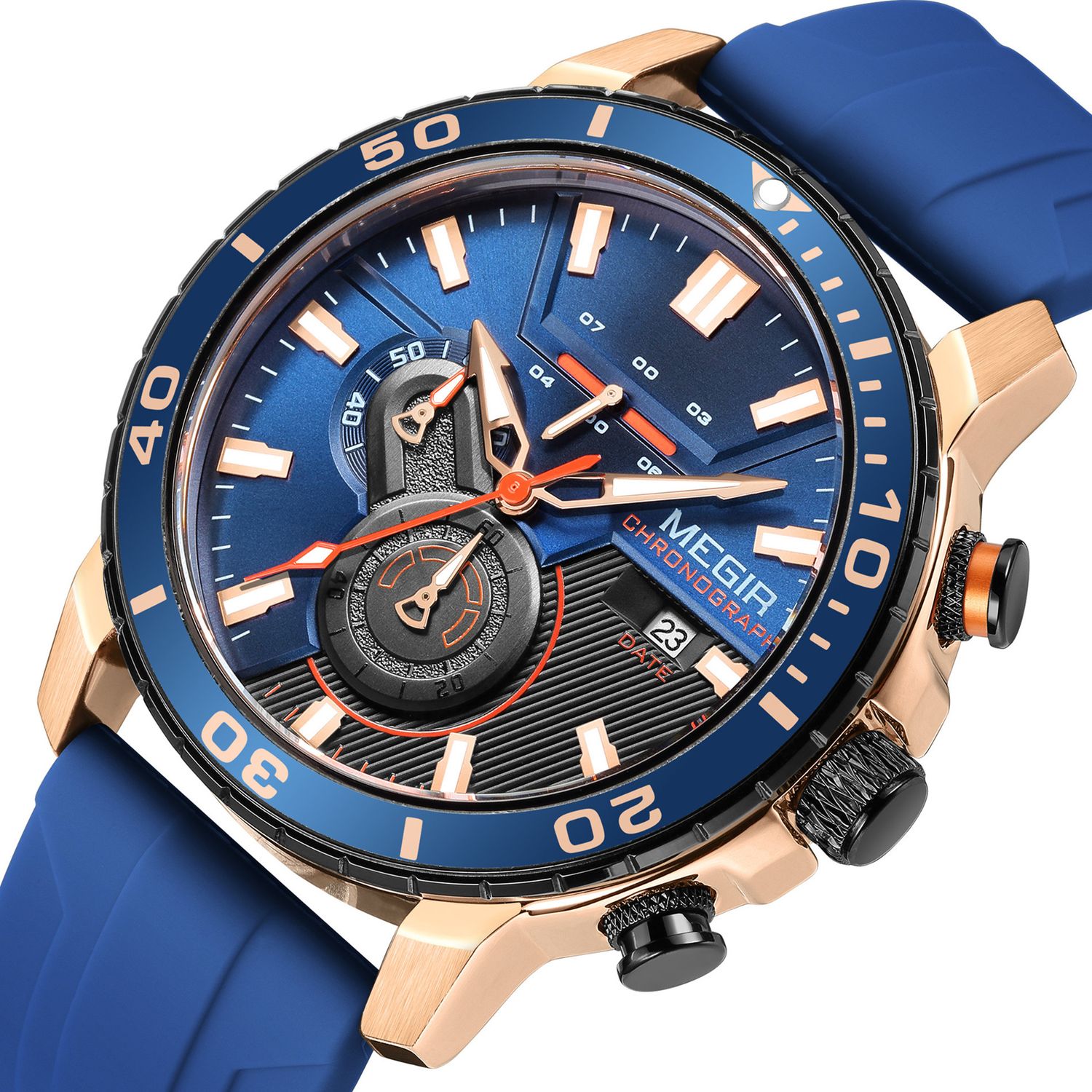 MEGIR 2224 men's chronograph watch, rose-gold case with blue dial, blue bezel and blue silicone strap, studio view